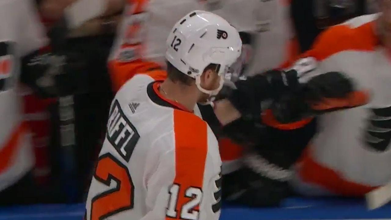 flyers raffl scores on a breakaway after messy turnover by the flyers raffl