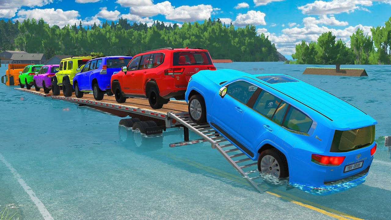 Тройной прицеп-платформа McQueen Transportation с грузовиком — Speedbumps vs Cars vs Train — Beam...