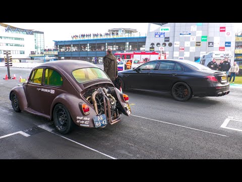 CRAZY 230HP Turbo VW Beetle | Drag Races, Start up, flames, ...