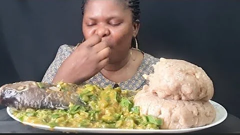 ASMR OKRO SOUP WITH SPINASH AND TILAPIA FISH AND AMALA FUFU,AFRICAN FOOD MUKBANG.