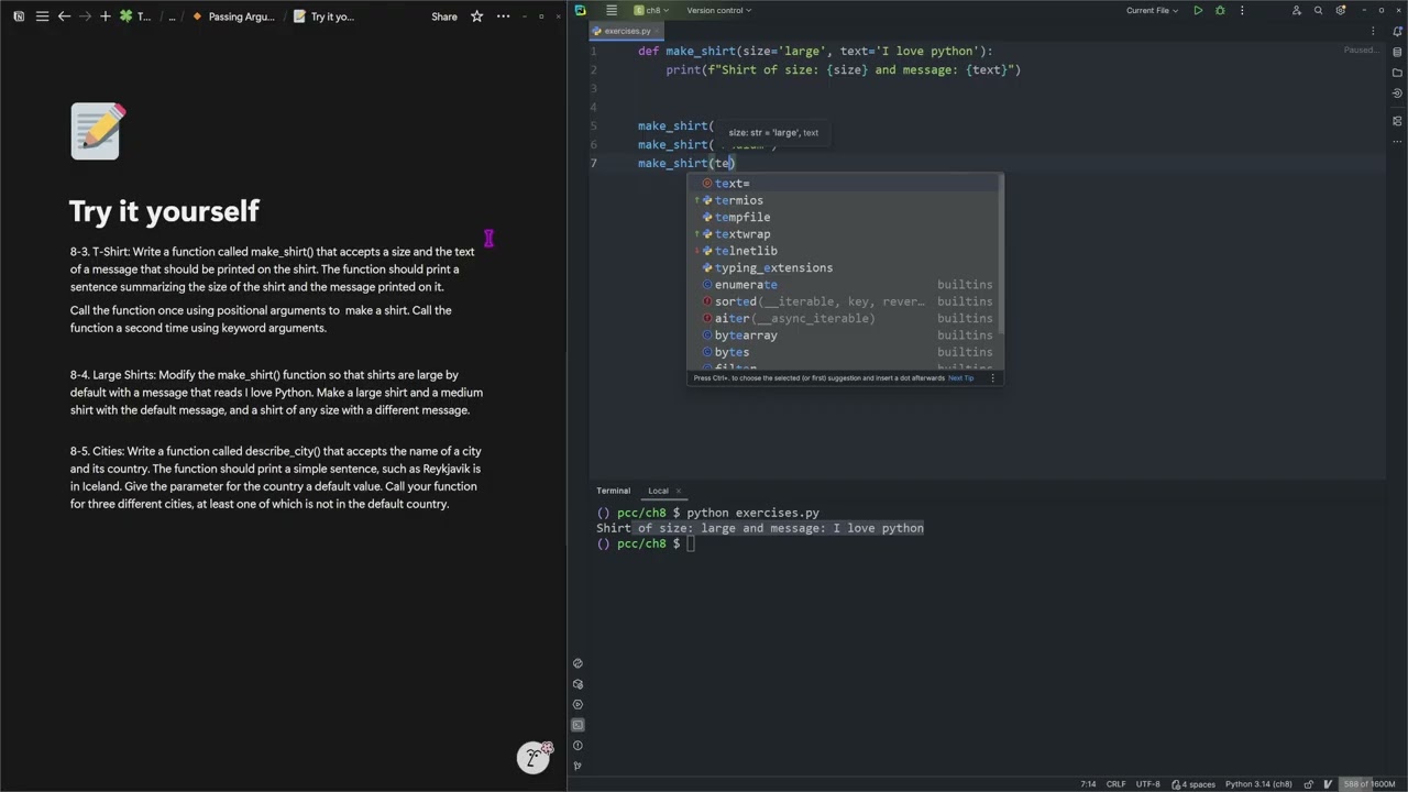 Python Crash Course ch 8 functions: passing arguments