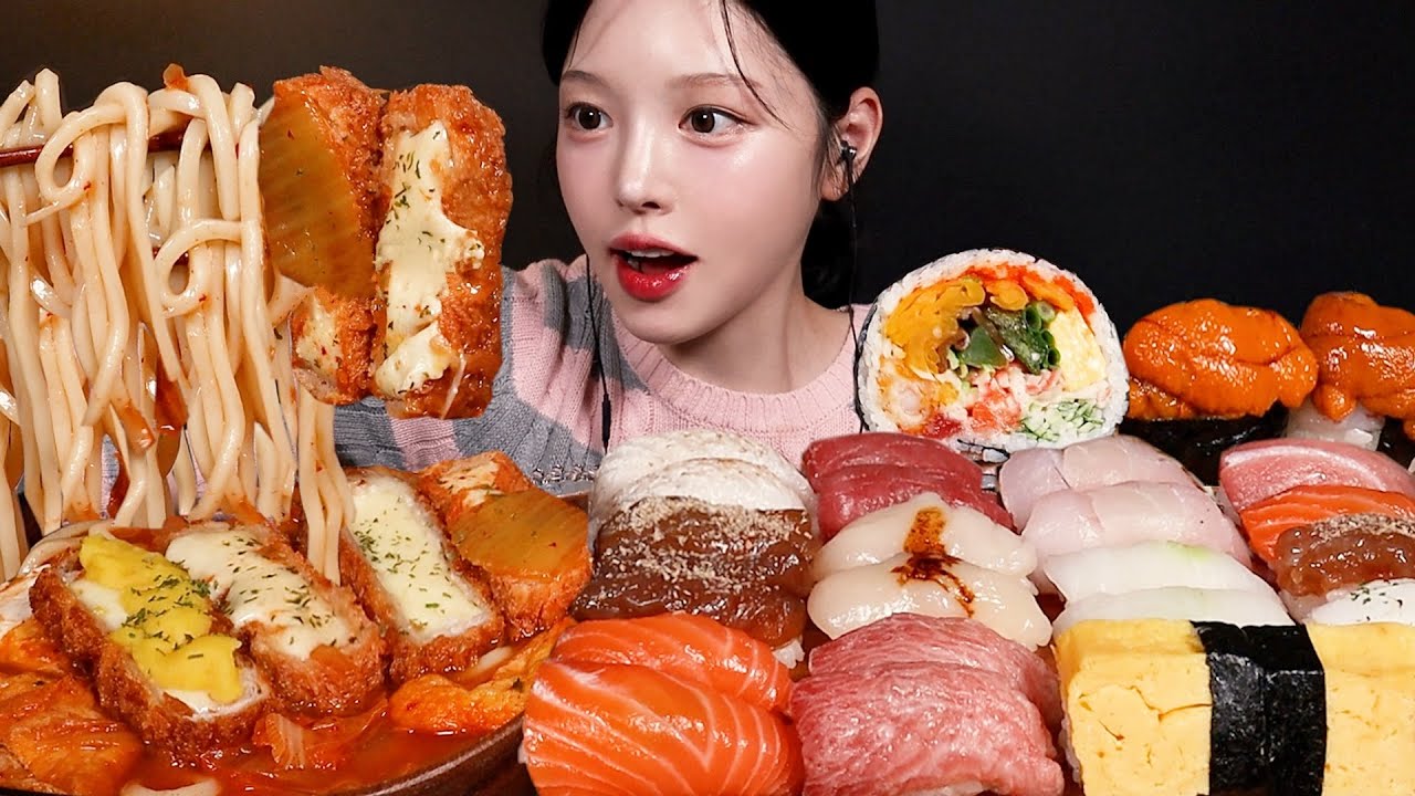 SUB)칼칼한 김치치즈 돈까스나베에 최애 초밥 먹방!🍣 참치뱃살 간장새우 대왕후토마끼까지 꿀조합 Sushi Mukbang Asmr
