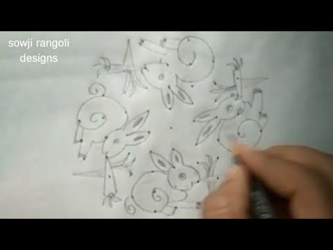 simple rabbit rangoli design with 9*3*3 dots//simple rangoli design ...