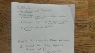Algebra 2; Expressions and Formulas; Notes and Example 1