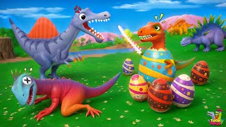 Dinosaur Egg Adventure: T-Rex's Funny Battle with Spinosaurus & Velociraptor in Jurassic Dinos Land