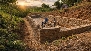 Building a stone wall alone on day 20: primitive stone wall construction skills.