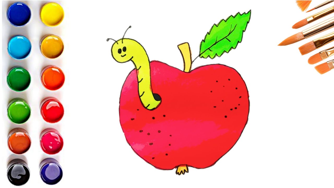 How To Draw cute Apple With Worm For Kids 