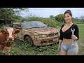 Time-lapse video: Genius girl repairs and restores overturned Mitsubishi convertible stuck in mud.