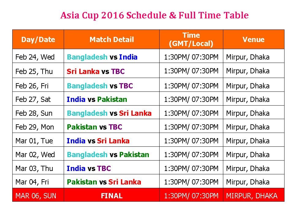 Asia Cup 2016 Schedule & Full Time Table