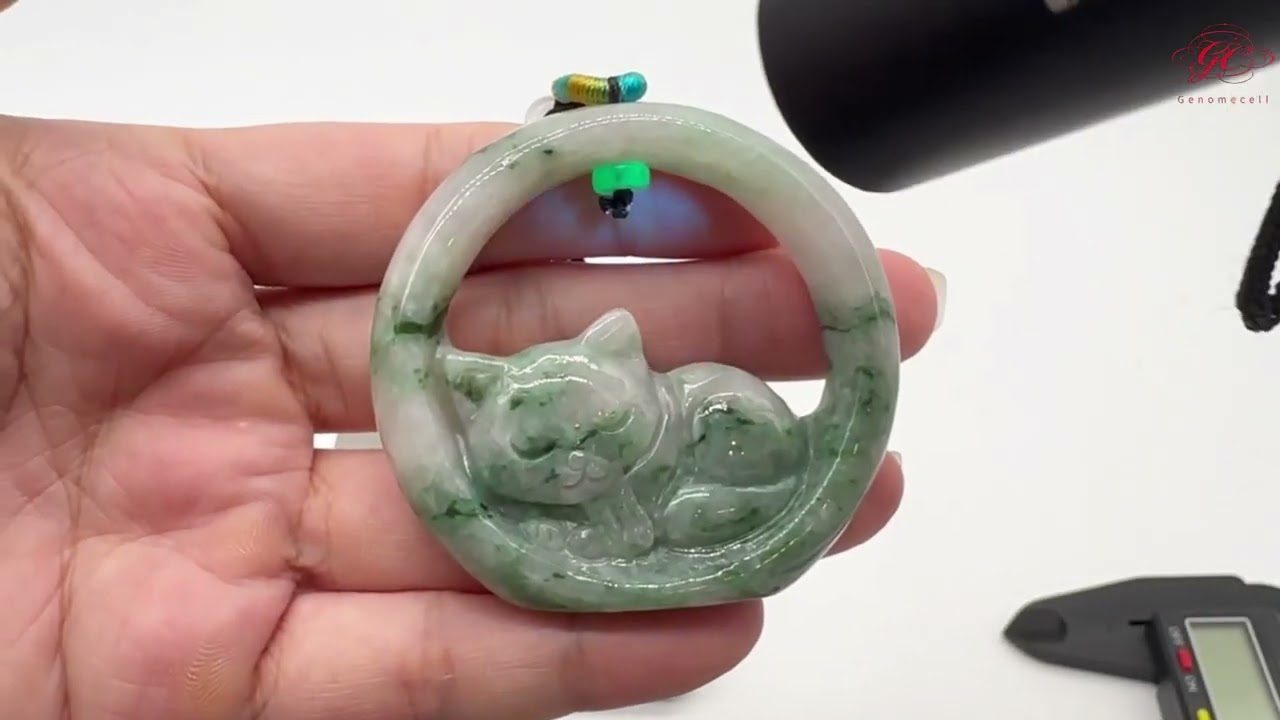 【肌容雪】天然緬甸A貨翡翠綠飄花貓咪吊墜繩 編號441(翡高53.71mm,翡寬57.2mm,翡厚11.7mm,重量53.81g)附錦盒附鑑定證書