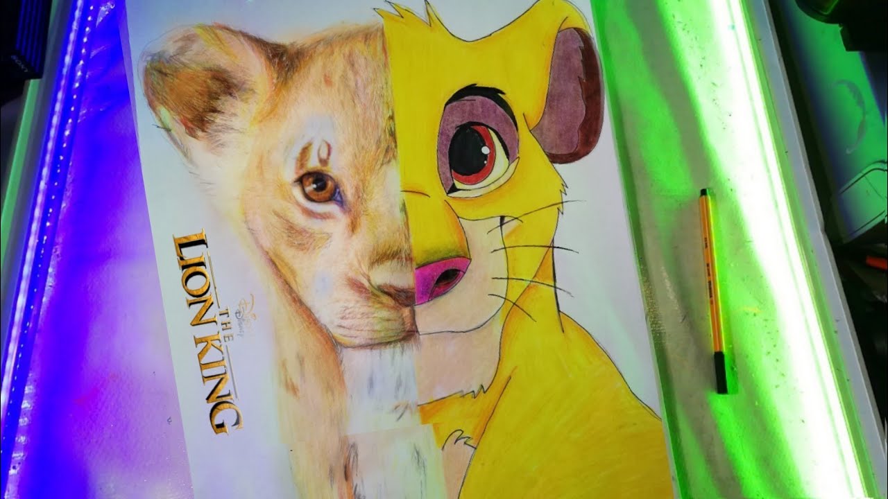 Dibujo de simba 2019 y mitad simba 1994 / Drawing Simba Lion King - YouTube