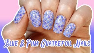 Blue and pink quatrefoil nails using plastic wrap 🤔