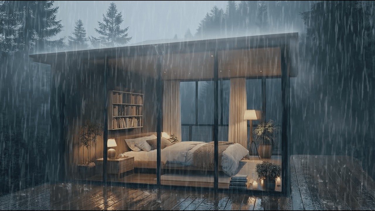 Rain Sounds for Sleeping | Cozy Inside a Warm Glass Cabin During Heavy Rainstorm (ASMR)