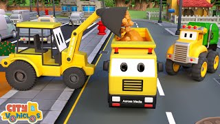 Construction vehicles build a car wash  -excavator, wheel loader, mixer and dump truck for kids