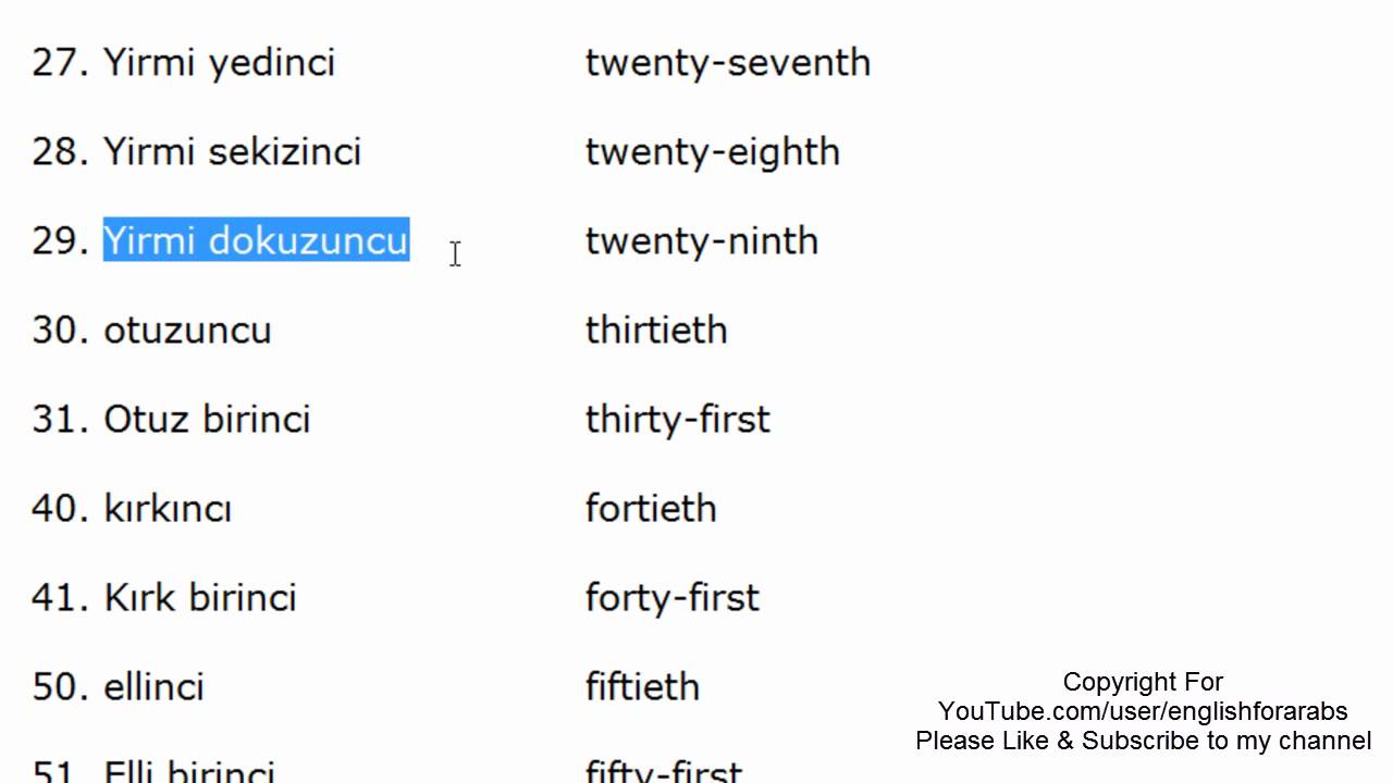 Turkish ordinal numbers part 2 -Turkish For Beginners