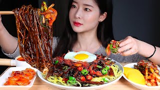 ASMR SPICY BLACK BEAN NOODLES! 🌶CHILI SHRIMP GREEN ONION KIMCHI Jajangmyeon MUKBANG EATING SHOW