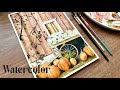 Watercolor painting  farmhouse full of pumpkins  paint with me 