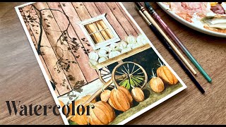 Watercolor painting / Farmhouse full of pumpkins / Paint With Me 🌱