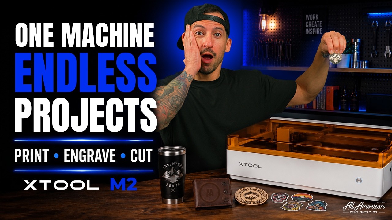 xTool M2 video from All American Print Supply showing stickers, a wood coaster, a leather wallet and a tumbler made on the M2