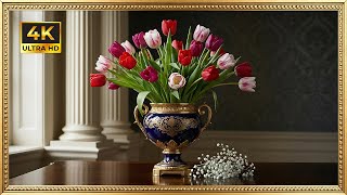 Elegant Multicolor Tulip Bouquet | Gold Framed 4K Art Screensaver | Classic Floral TV Wallpaper screenshot 1