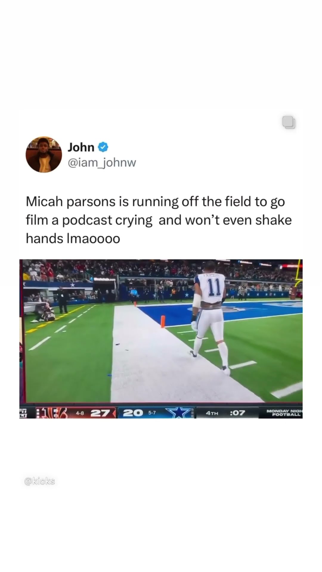 He’s running to film his podcast #hoodnews #micahparsons #dallascowboys #bengals #football #meme
