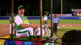 Eastbound and down-Kenny pulled by a donkey on a baseball field