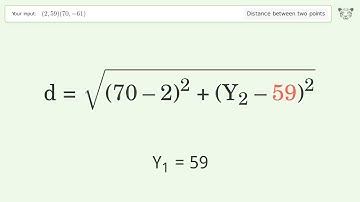 Find the distance between two points p1 (2,59) and p2 (70,-61): Step-by-Step Video Solution