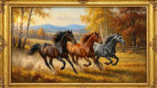 Vintage Galloping Horses in Autumn Painting | Gold Frame TV Art | Screensaver for TV | 2 Hrs screenshot 4
