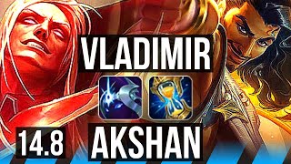 VLADIMIR vs AKSHAN (MID) | Comeback, 8 solo kills, 59k DMG, Godlike, 19/4/4 | EUW Diamond | 14.8