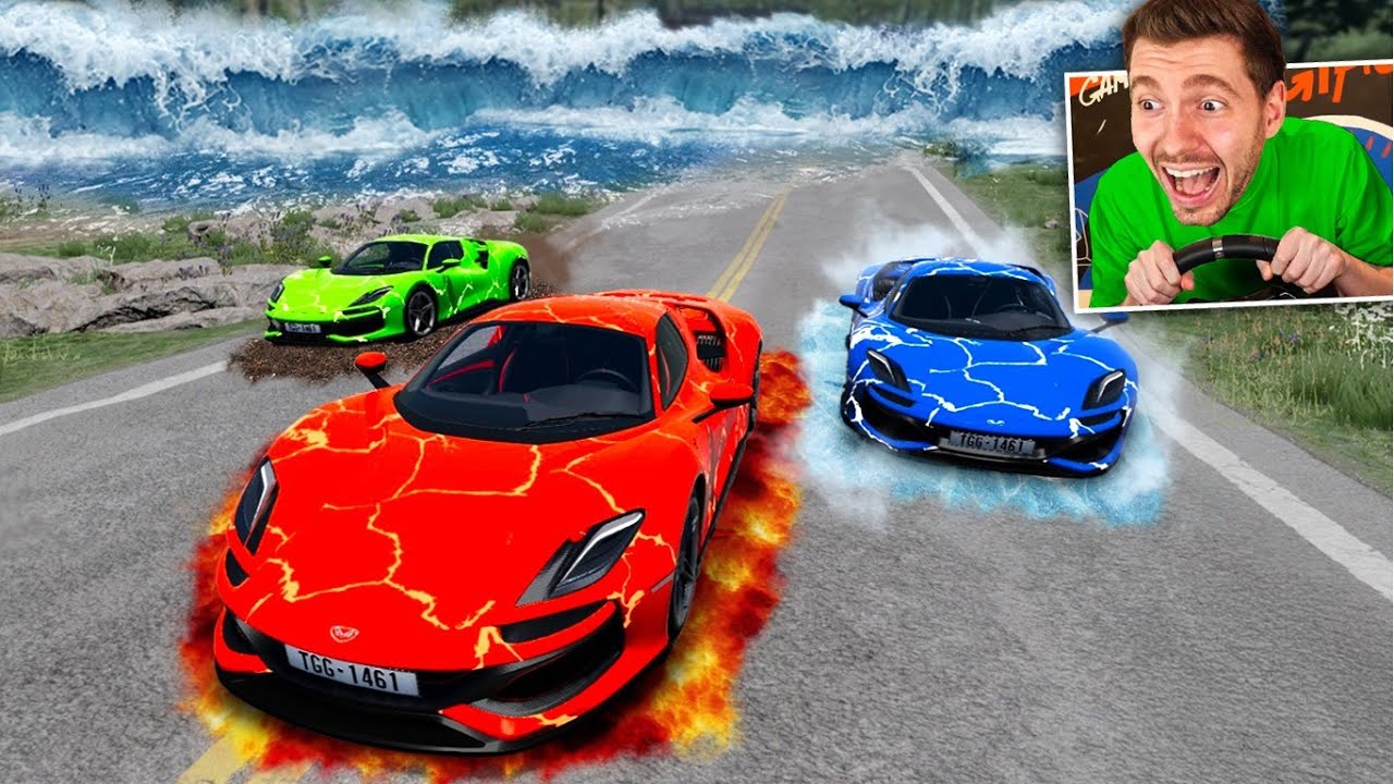 Fugi da INUNDAÇÃO com CARROS ELEMENTAIS no BeamNG Drive!