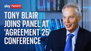 Clinton chairs discussion with Tony Blair and Bill Clinton at 'Agreement 25' conference