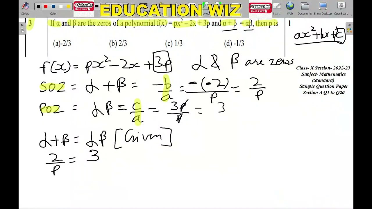 MCQ] If α and β are the zeros of a polynomial f(x) = px2 – 2x + 3p