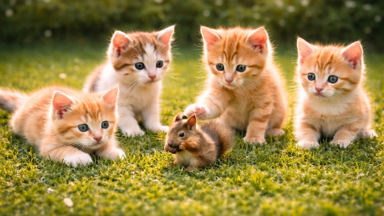🐱🐿️ Adorable Kittens Playing with Squirrel on Green Grass | Relaxing Cat Video & Calming Cat Sounds