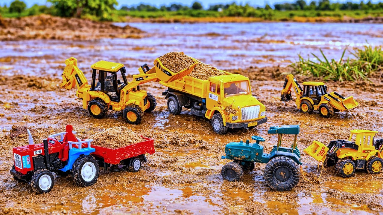 Mahindra Tractor Stuck in Mud – JCB 3DX Amazing Rescue Mission | Toy Tractor Video l 