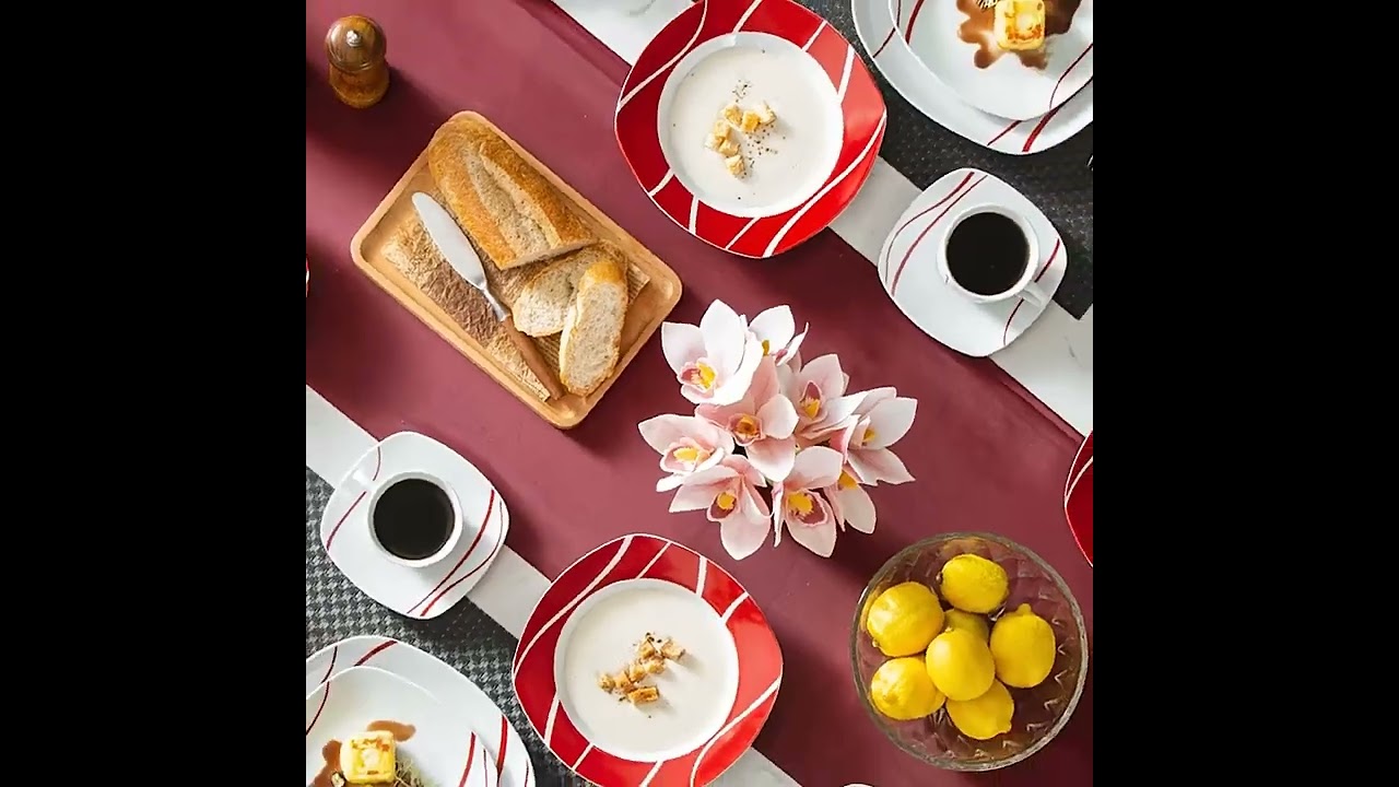 30 Piece Red Stripes Ivory White Porcelain Dinner Set with 6 Piece