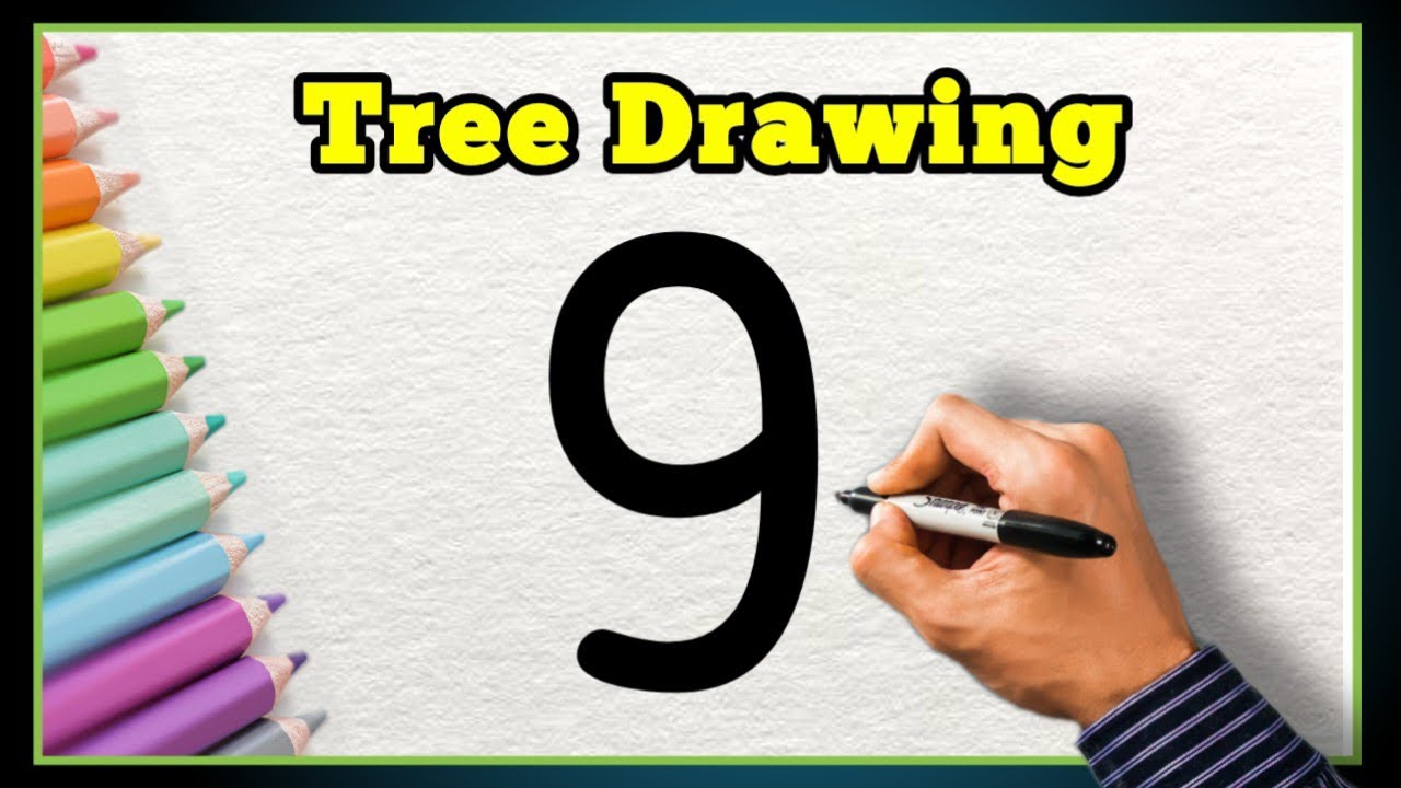 Beautiful Tree Drawing | How to Draw Tree with number 9 | Simple Tree ...