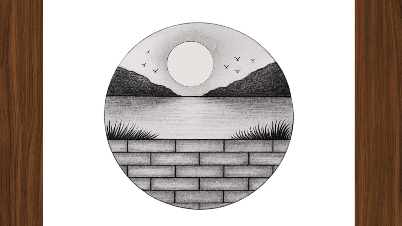 Easy Circle Sunset Scenery drawing 😍 | Scenery Drawing With Pencil ...