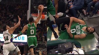 Jayson Tatum destroys Giannis with insane poster dunk \& injured his wrist 😨