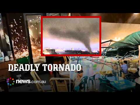 Footage shows the terrifying moment tornado rips through Chinese restaurant