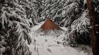 -38C EXTREME COLD WINTER CAMPING WINTER STORM hits HOT tent. FREEZING wind, FLAMING stove