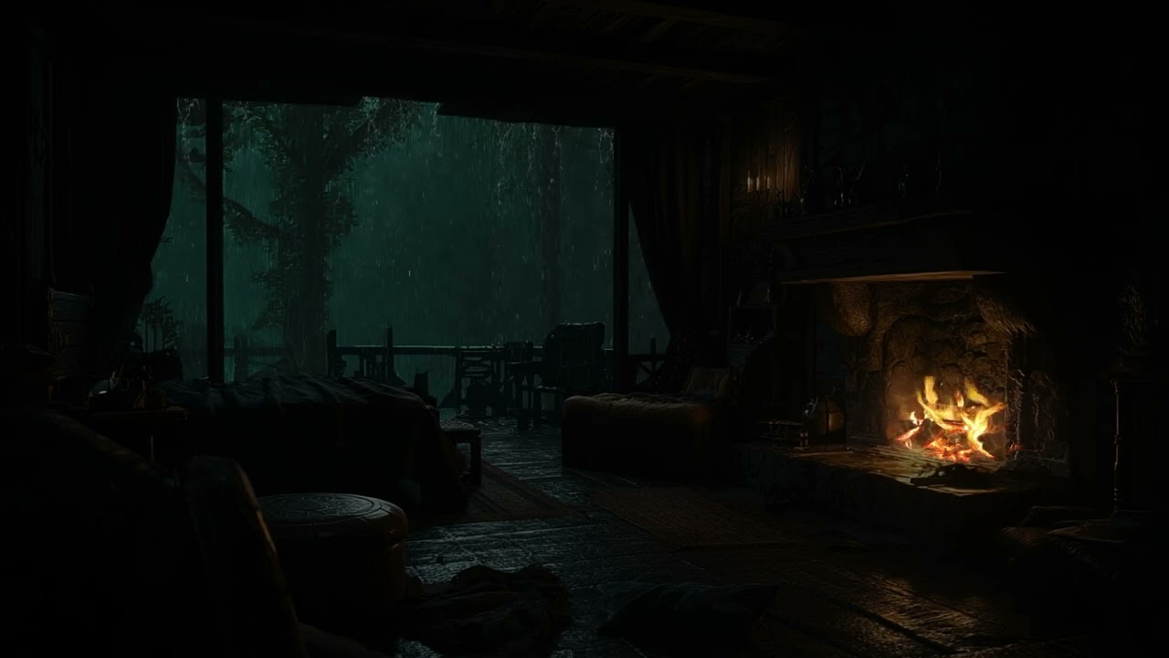 Thunderstorm Night Escape⛈️Heavy Rain & Fireplace Sounds in Cozy Dark Cave for Deep Sleep 