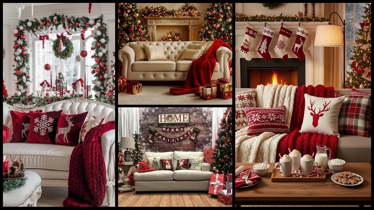 ozy sofa decorated with assorted Christmas pillows for the holidays.