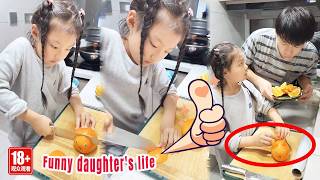 My daughter is too meticulous; she even uses a fruit plate to cut an orange!
