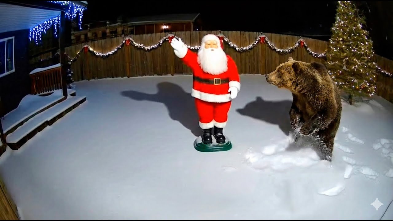 🎄 Камера видеонаблюдения засняла: медведи испугались рождественских украшений. Часть 2