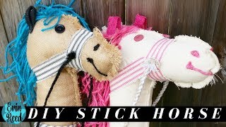 Learn how to make super cute kids stick hobby horses from canvas and burlap stockings!! Using rope, fabric, stockings, burlap, 