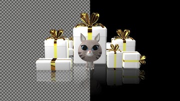 4K Transparent, Looped 3D Rendering: Funny Cat and Gifts in a Rotating Scene