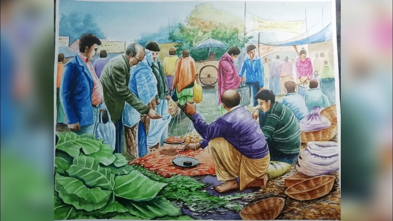 How to draw vegetable seller composition / market drawing tutorial