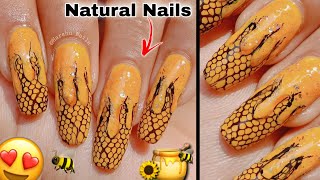 Honeycomb Nail art tutorial on Natural Nails 🍯| Spring Nails | Easy yellow Nude design