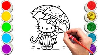 Hello Kitty holding an Umbrella Drawing, Painting & Coloring For Kids and Toddlers_ Child Art