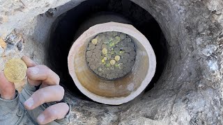 moment of finding big jar full of golden coins using a 3D metal detector